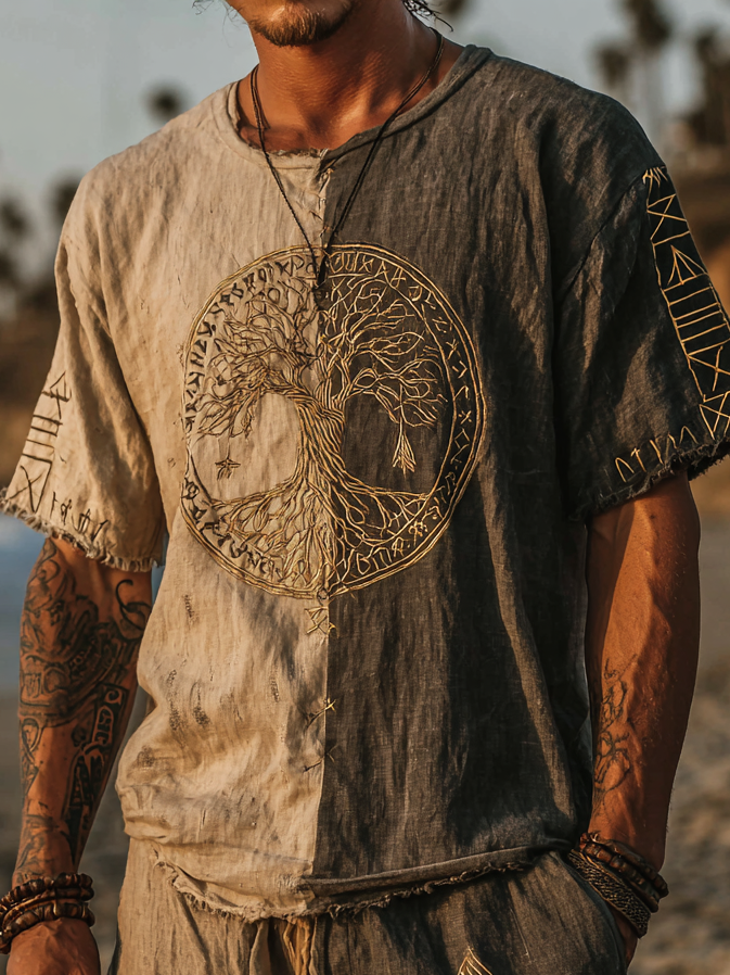 Men's Vintage Coastal Two-Tone Linen T-Shirt – Tree Of Life Design