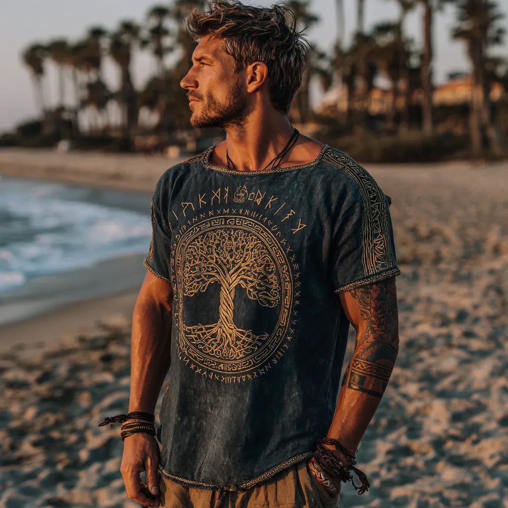 Men's Viking Mythology Nordic Tree Of Life Retro Yggdrasil T-Shirt