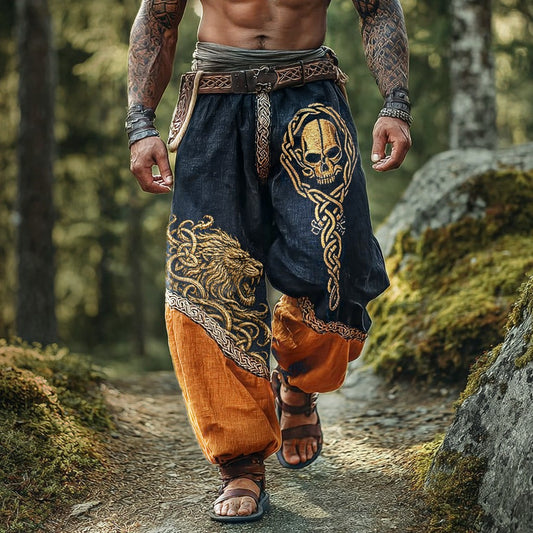 Men's Harem Pants - Two-Tone Lion Skull Celtic Print Loose Fit Baggy Trousers