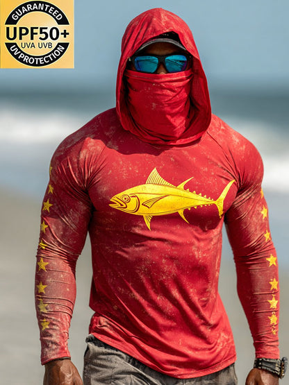 Men's Outdoor Sun Protection Breathable Cool Face Mask Hooded Printed Long-Sleeved Top