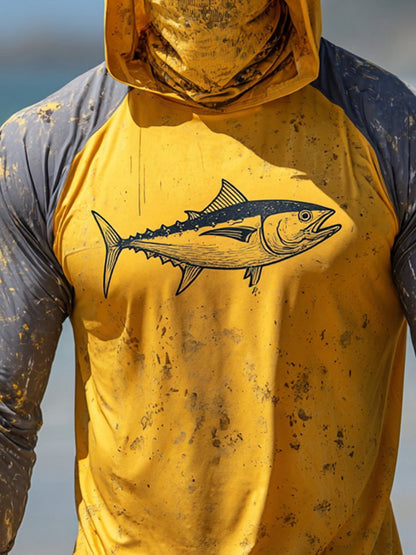 Men's Outdoor Sun Protection Breathable Cool Face Mask Hooded Printed Long-Sleeved Top