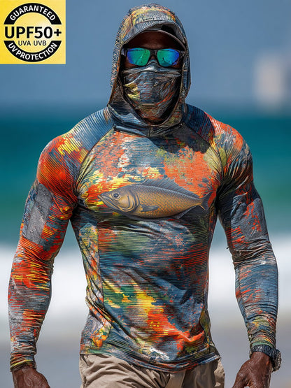 Men's Outdoor Sun Protection Breathable Cool Face Mask Hooded Printed Long-Sleeved Top