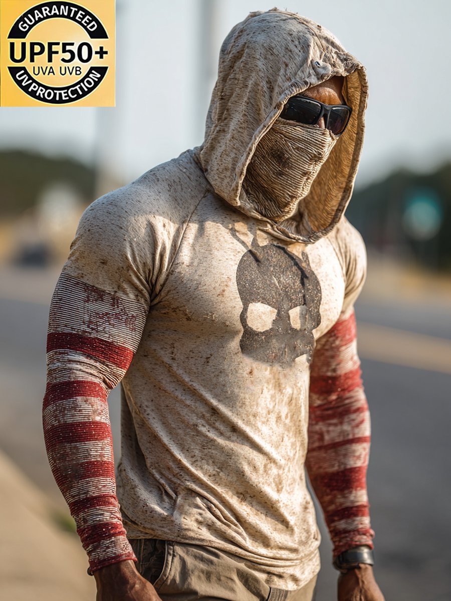 Men's Retro Skull Print Outdoor Sun Protection Breathable Cool Mask Hooded Sun Protection Long Sleeve Top