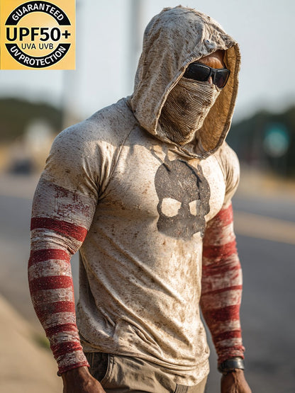Men's Retro Skull Print Outdoor Sun Protection Breathable Cool Mask Hooded Sun Protection Long Sleeve Top