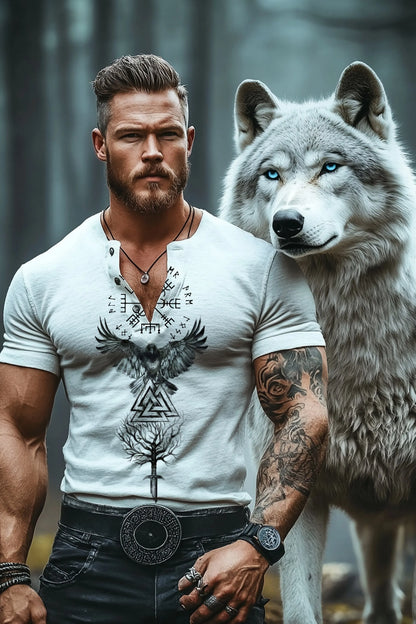Viking Divine Magic Raven Totem Casual Henley Shirt