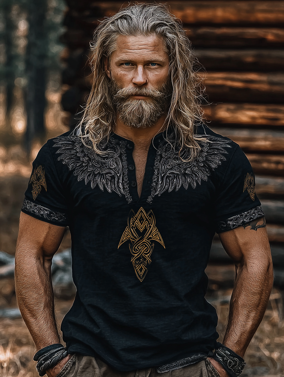 Men's Viking Rune Golden Eagle Totem Retro Henley Shirt