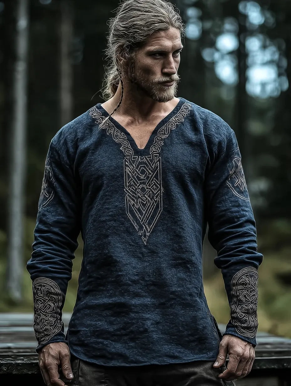 Men's Viking Occult Retro Golden Tribal Long-Sleeve Linen T-shirt