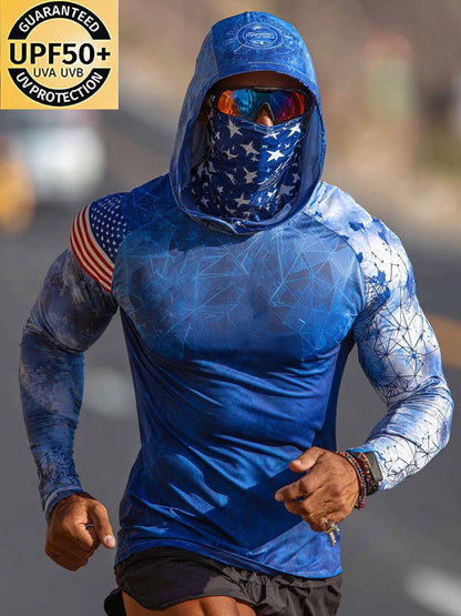 Men's Outdoor Sun Protection Breathable Cool Face Mask Hooded Printed Long-Sleeved Top
