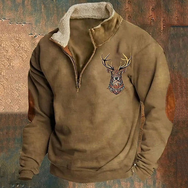 Men's Sweatshirt Quarter Zip Sweatshirt Black Navy Blue Brown Gray Half Zip Reindeer Print Christmas Daily Holiday Streetwear Casual Thin fleece Fall & Winter Clothing Apparel Hoodies Sweatshirts