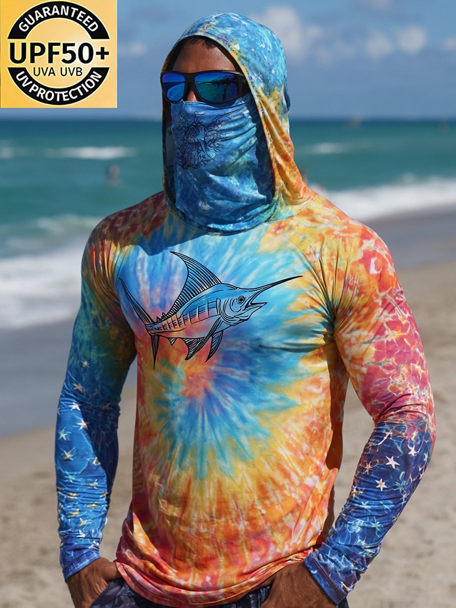 Men's Outdoor Sun Protection Breathable Cool Face Mask Hooded Printed Long-Sleeved Top