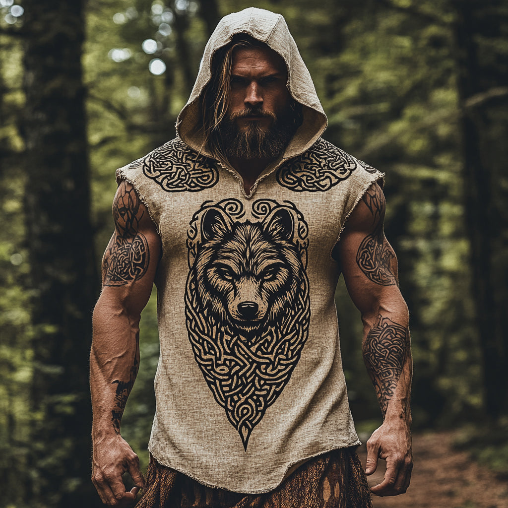Men's Print Celtic Knot Inspired Wolf Art Pattern Tank Top Hoodie
