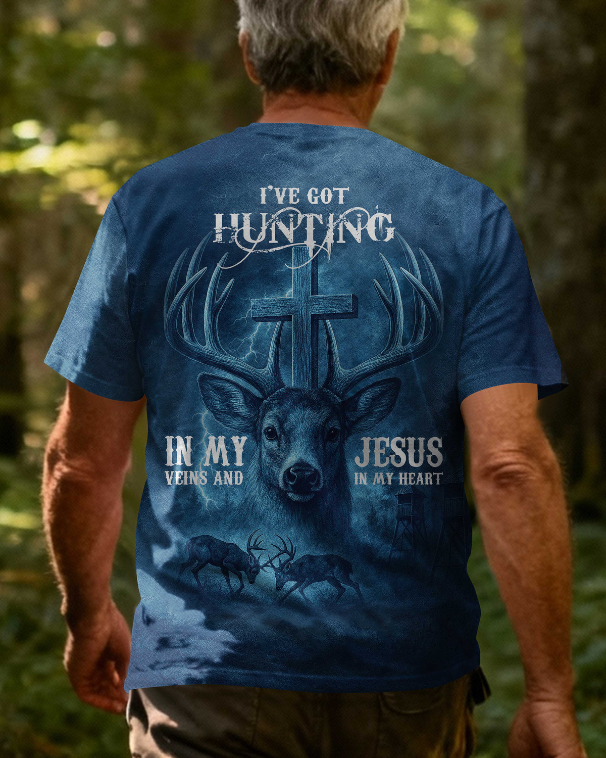 I've Got Hunting In My Veins And Jesus In My Heart Blue T-Shirt