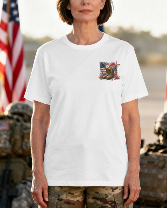 Her Boots Tell of Service Her Cross Tells of Faith T-Shirt