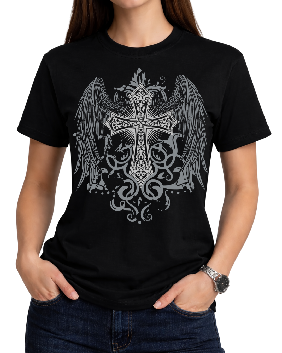 Gothic Angel Wings Cross Graphic Men's Unisex Streetwear T-Shirt