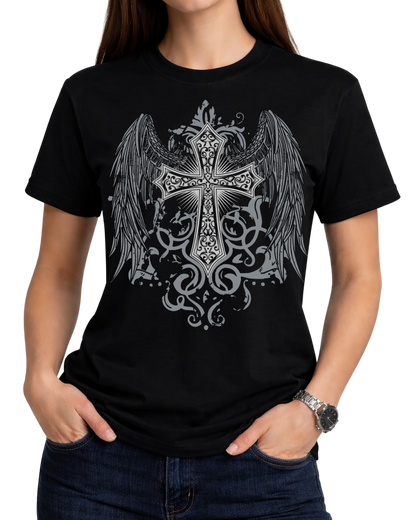 Gothic Angel Wings Cross Graphic Men's Unisex Streetwear T-Shirt