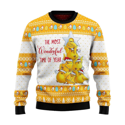 Unisex Vintage Wonderful Time Chicken Print Crew Neck Ugly Christmas Sweatshirt