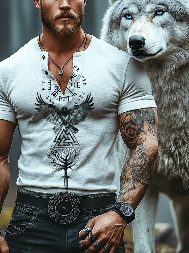 Viking Divine Magic Raven Totem Casual Henley Shirt