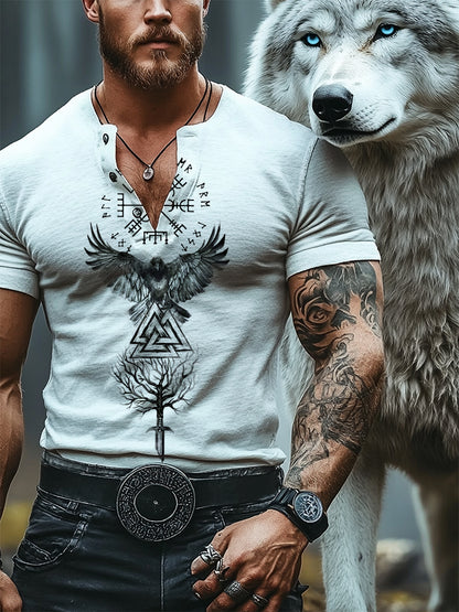 Viking Divine Magic Raven Totem Casual Henley Shirt