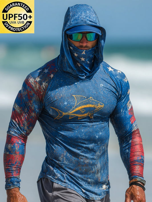 Men's Outdoor Sun Protection Breathable Cool Face Mask Hooded Printed Long-Sleeved Top