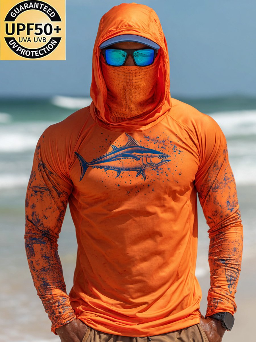 Men's Outdoor Sun Protection Breathable Cool Face Mask Hooded Printed Long-Sleeved Top