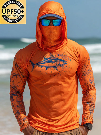 Men's Outdoor Sun Protection Breathable Cool Face Mask Hooded Printed Long-Sleeved Top