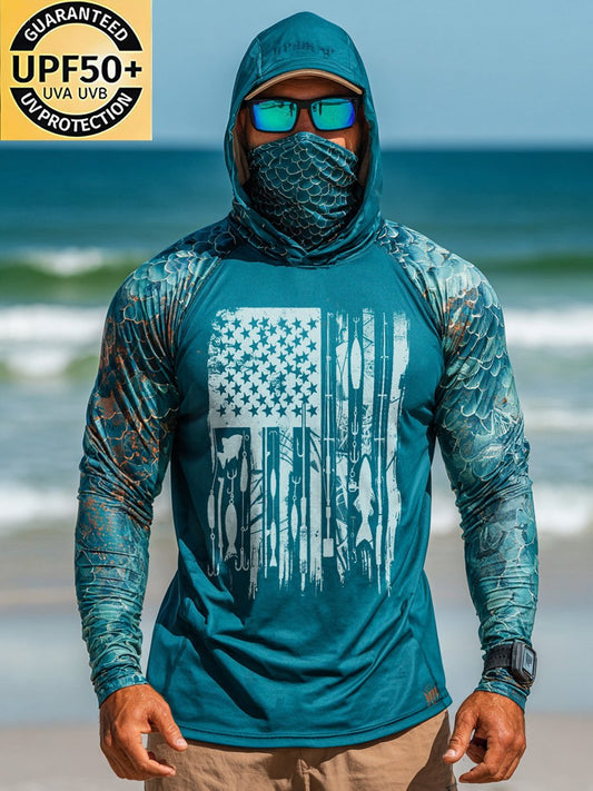 Men's Outdoor Sun Protection Breathable Cool Face Mask Hooded Printed Long-Sleeved Top