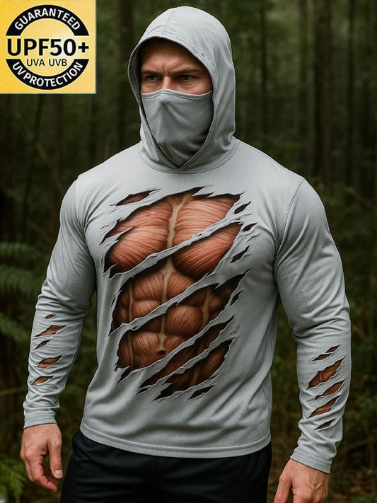 Men's Outdoor Sun Protection Breathable Cool Real 3D Printed Mask Hooded Sun Protection Long-Sleeved Top