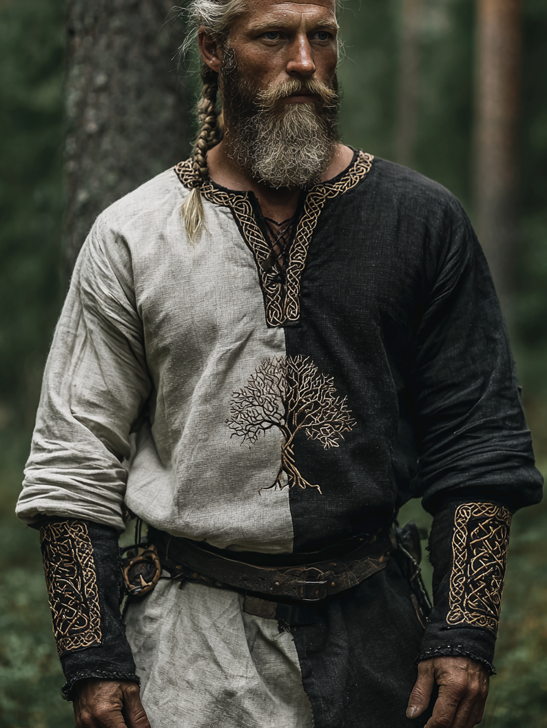 Men's Viking Occult Retro Golden Two-Tone Tribal Long-Sleeve Linen T-shirt