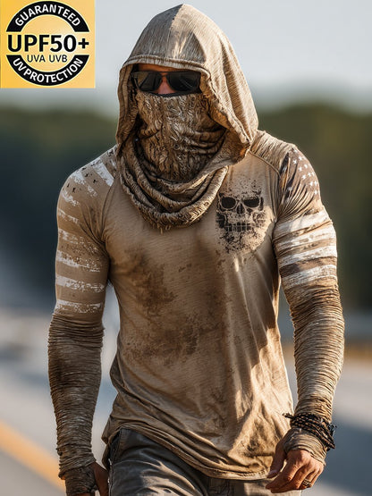 Men's Retro Skull Logo Outdoor Sun Protection Breathable Cooling Mask Hooded Sun Protection Long Sleeve Top