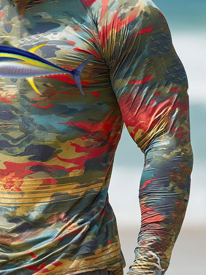 Men's Outdoor Sun Protection Breathable Cool Face Mask Hooded Printed Long-Sleeved Top