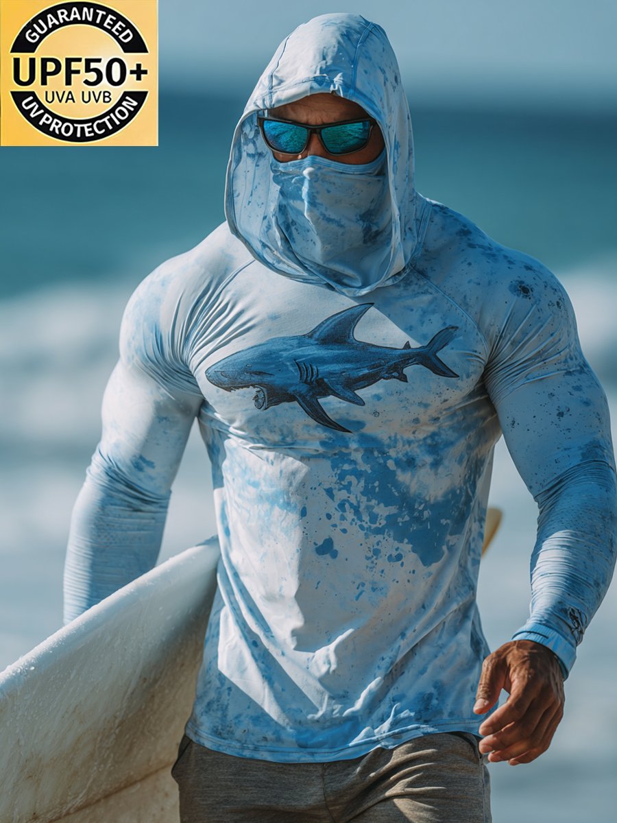 Men's Outdoor Sunscreen Breathable Cool Hooded Printed Surf Long-Sleeve Top