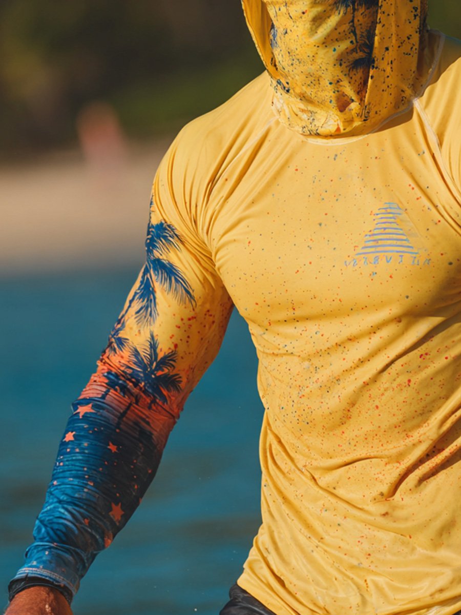 Men's Outdoor Sunscreen Breathable Cool Hooded Printed Surf Long-Sleeve Top
