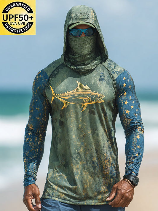 Men's Outdoor Sun Protection Breathable Cool Face Mask Hooded Printed Long-Sleeved Top