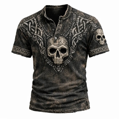 Men's 3D Skull Celtic Knot Henley Shirt - Distressed Washed Grunge Short Sleeve Top