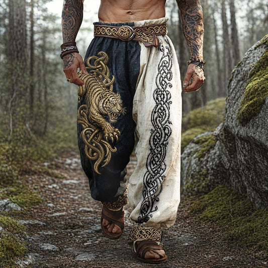 Two-tone spliced casual sports pants printed with Celtic knot and tiger patterns