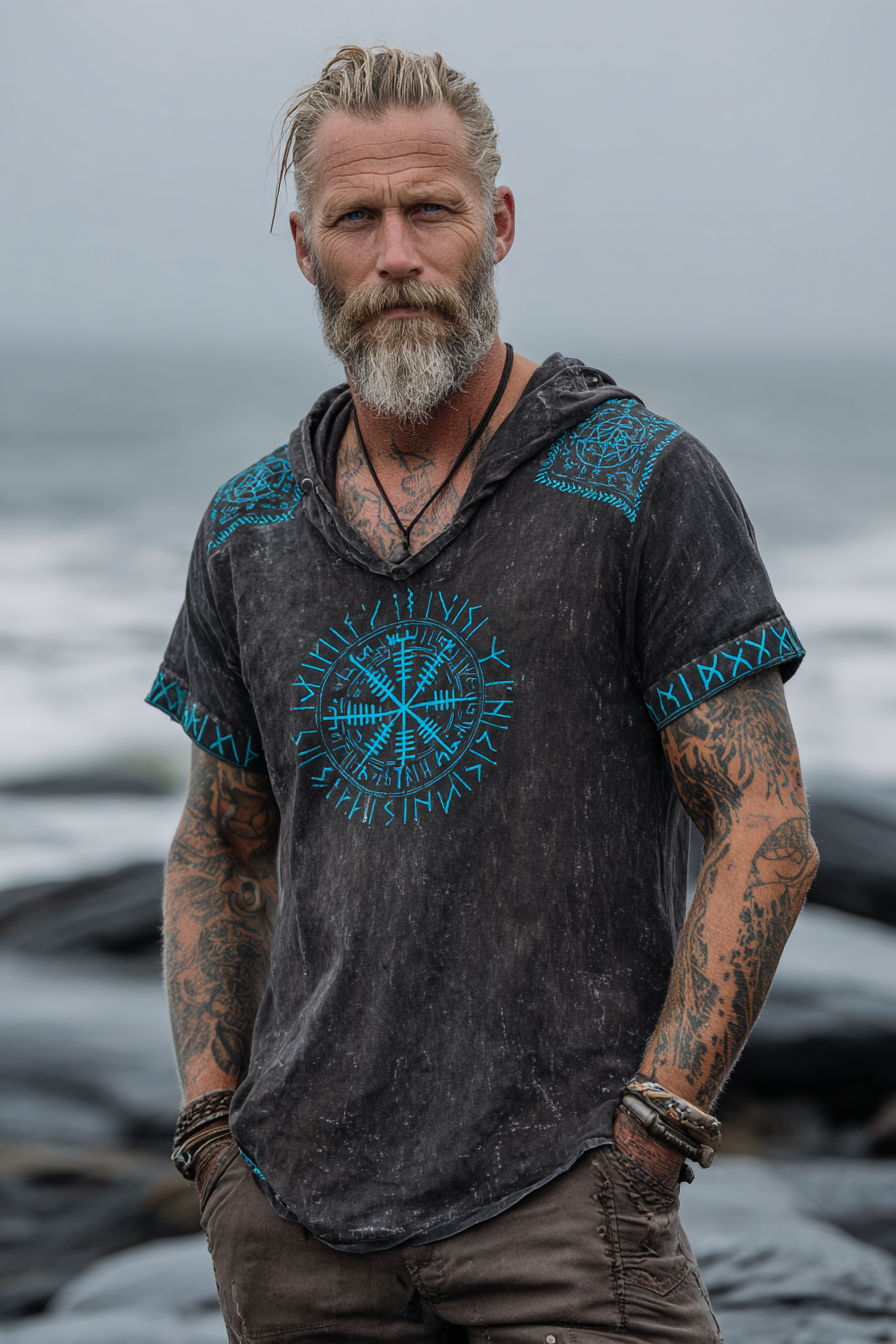 Men's Print Viking Inspired Rune Celtic Knot Pattern Short Sleeve Hoodie