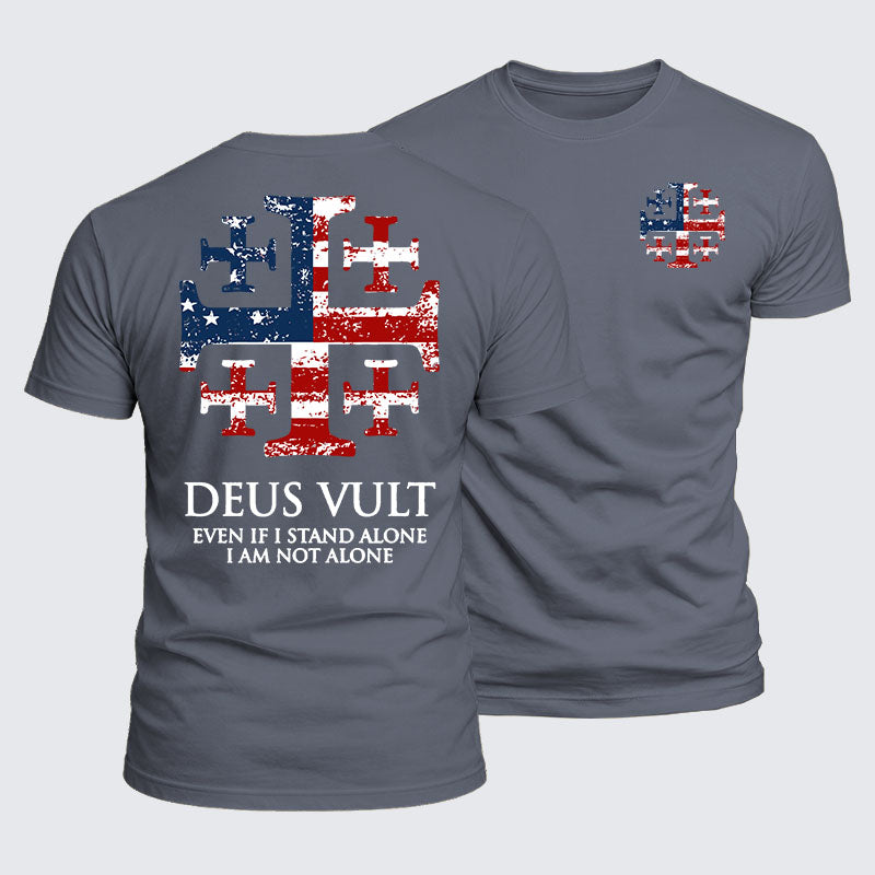 Luxe Mercerized Cotton Tee - Deus Vult Jerusalem Cross Usa Flag Even If I Stand Alone, I Am Not Alone