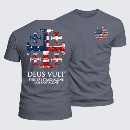 Luxe Mercerized Cotton Tee - Deus Vult Jerusalem Cross Usa Flag Even If I Stand Alone, I Am Not Alone