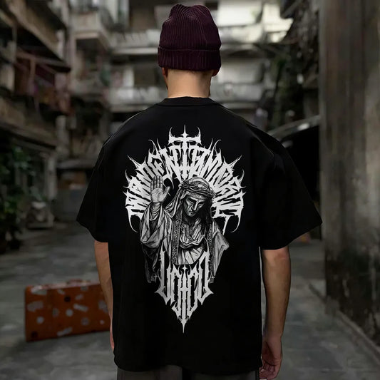 Dark Art Jesus With Metal Font Printed Men's T-shirt
