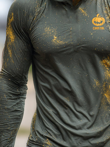 Men's Retro Pumpkin Logo Outdoor Sun Protection Breathable Cooling Mask Hooded Sun Protection Long Sleeve Top