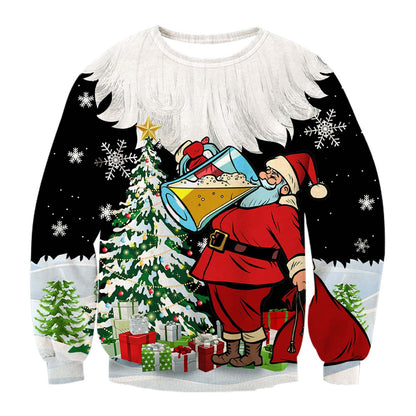 Unisex Santa Claus Drink Beer Print Crew Neck Ugly Christmas Sweatshirt