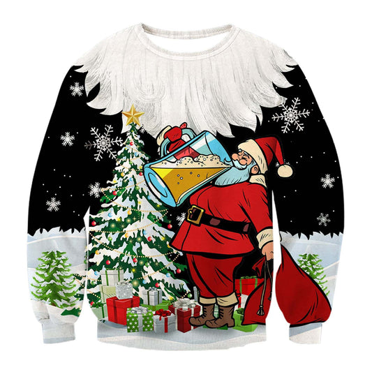 Unisex Santa Claus Drink Beer Print Crew Neck Ugly Christmas Sweatshirt