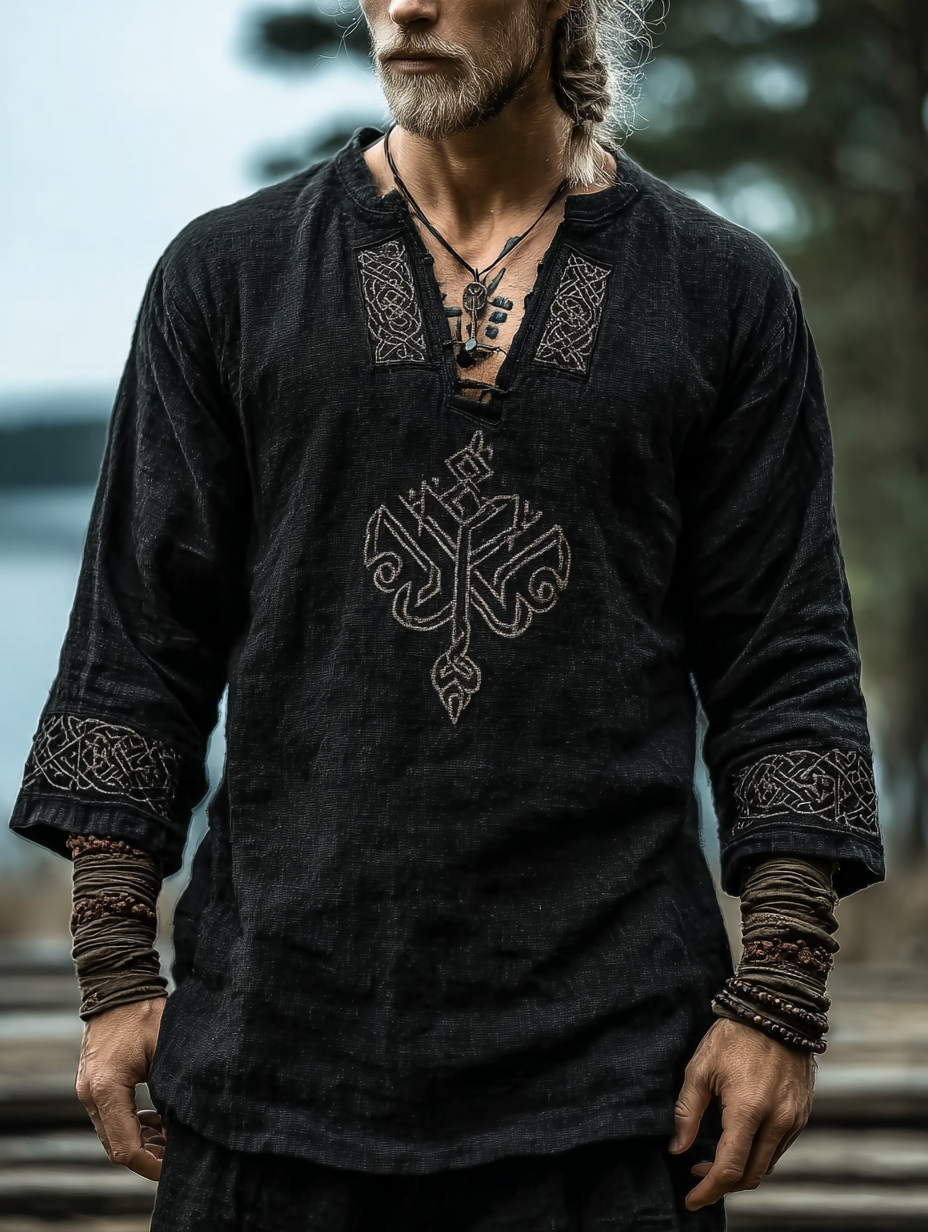 Men's Viking Occult Style Vintage Long-Sleeve Linen T-shirt