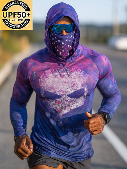 Men's Outdoor Sun Protection Breathable Cool Face Mask Hooded Printed Long-Sleeved Top
