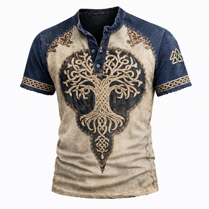 Men's Yggdrasil Henley Shirt - Celtic Distressed Two-Tone Short Sleeve Top
