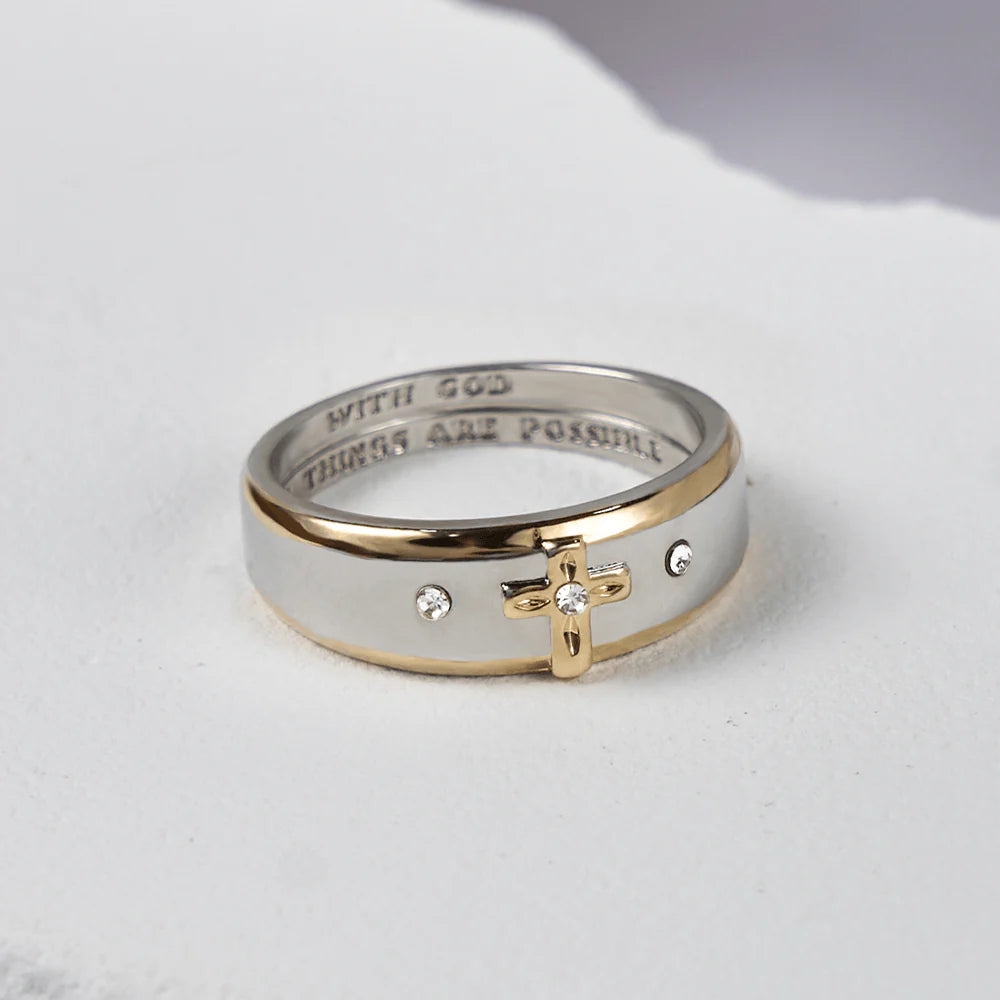 Modern Style Two-tone Gold Cross Alloy Ring(Made in Holy Land)