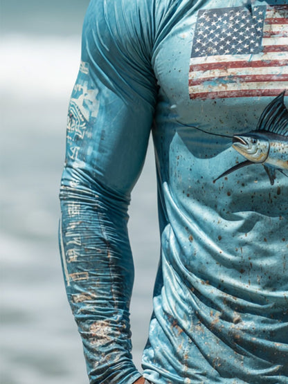 Men's Outdoor Sun Protection Breathable Cool Face Mask Hooded Printed Long-Sleeved Top