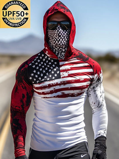 Men's Outdoor Sun Protection Breathable Cool Mask American Flag Print Hooded Sun Protection Long Sleeve Top
