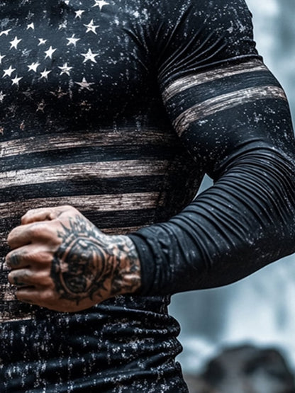 Men's Outdoor Sun Protection Breathable Cool Mask American Flag Print Hooded Sun Protection Long Sleeve Top