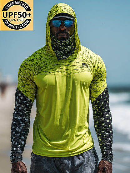 Men's Outdoor Sun Protection Breathable Cool Face Mask Hooded Printed Long-Sleeved Top